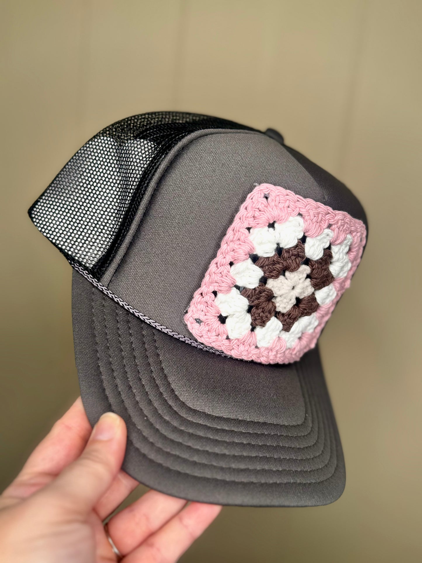 Granny Square Trucker Hat- Gunsmoke, Mauve and Brown