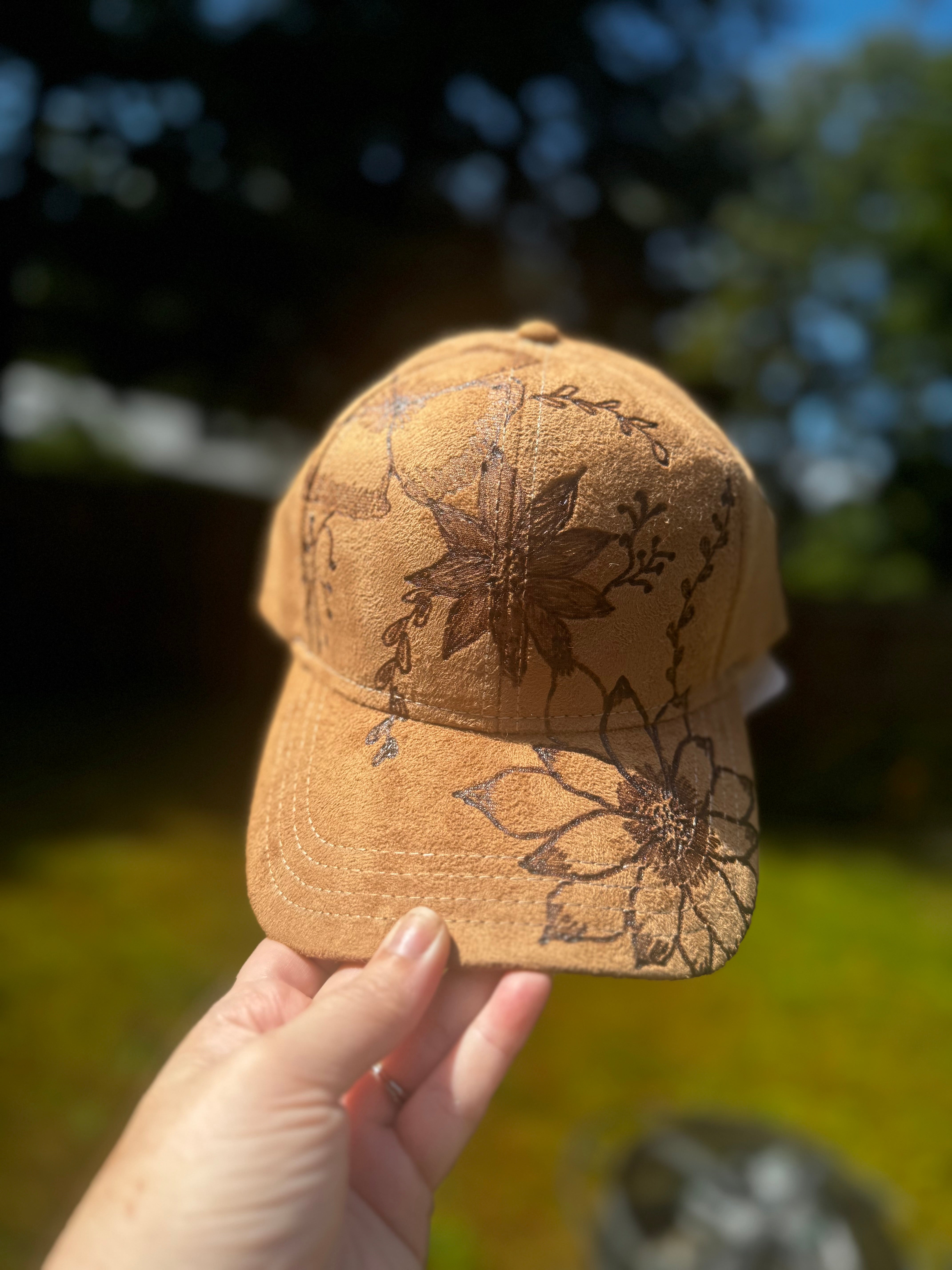 Hand Burned Floral Ball Cap Camel