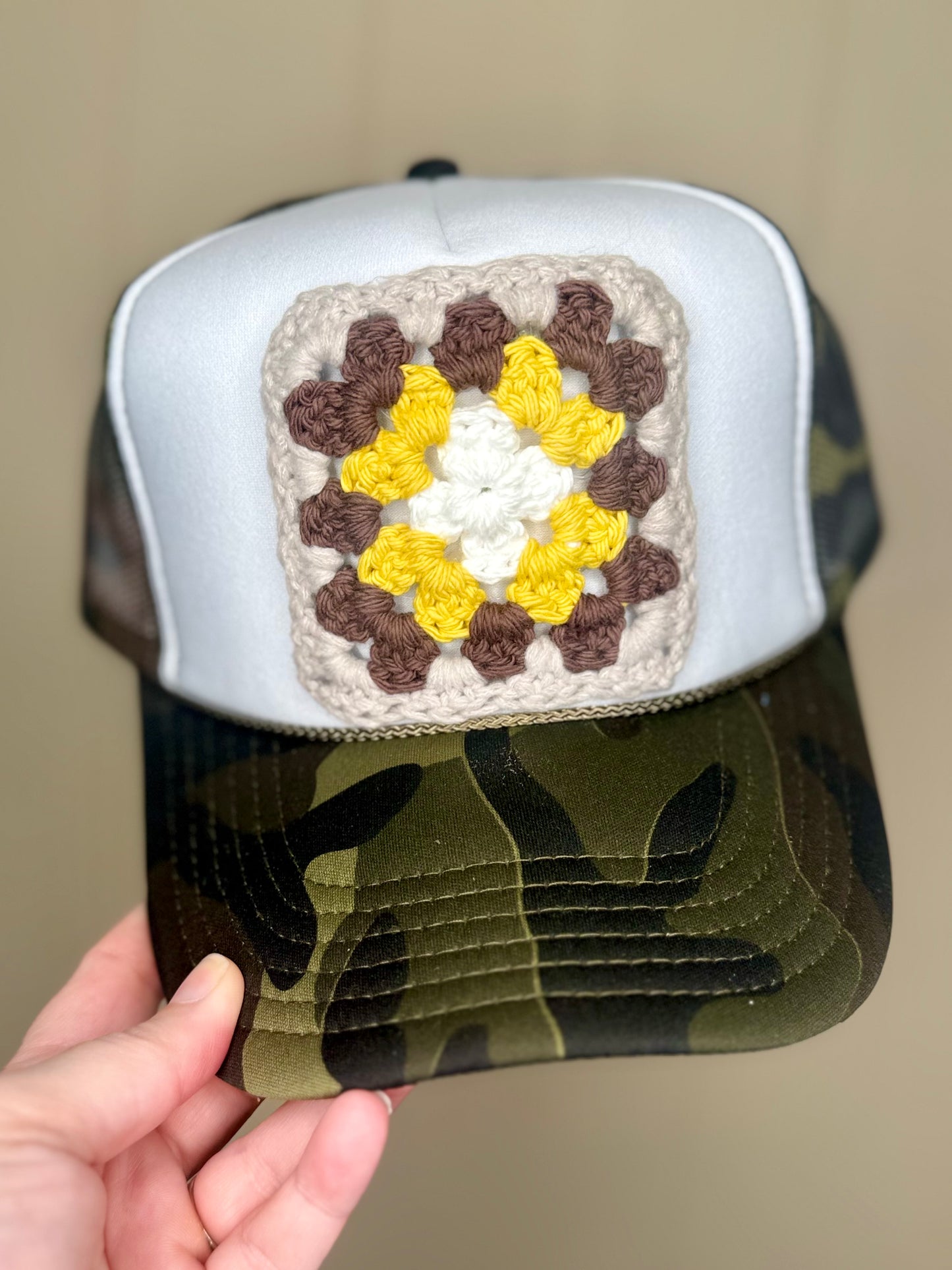 Granny Square Trucker Hat- Camo Hat with Grey, Brown and Mustard Patch