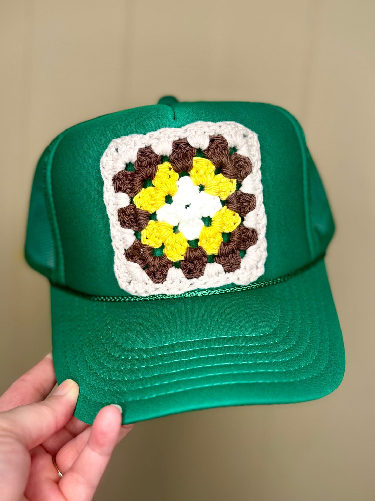 Granny Square Trucker Hat-Kelly Green, Brown and Mustard