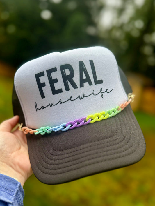 Black Feral Housewife Trucker Hat with Rainbow Hat Chain