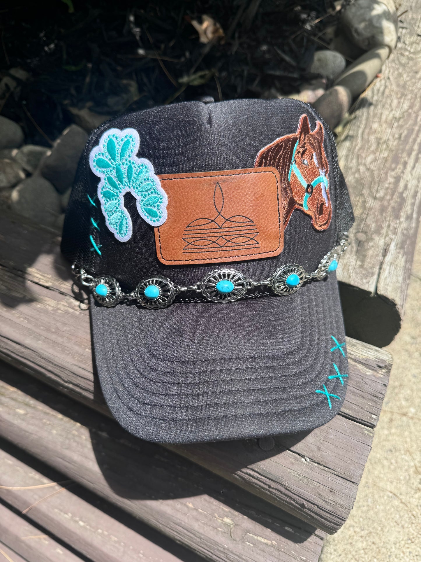 Turquoise and Black Wild West Trucker Hat