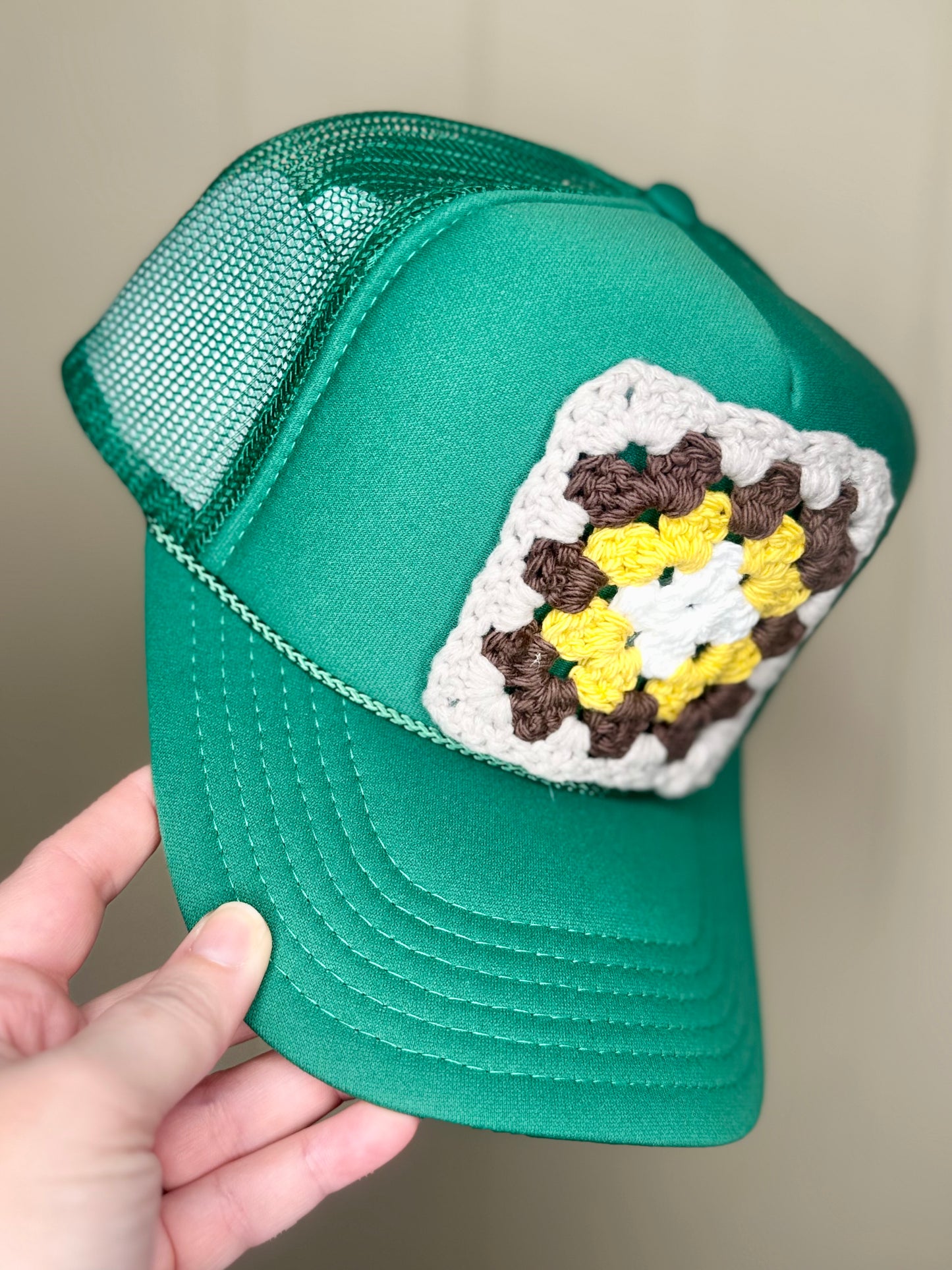 Granny Square Trucker Hat-Kelly Green, Brown and Mustard