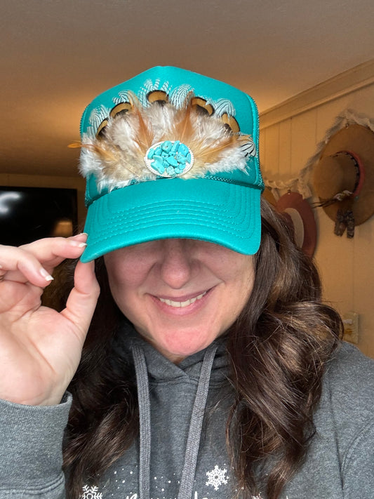 Feather and Turquoise Trucker Hat