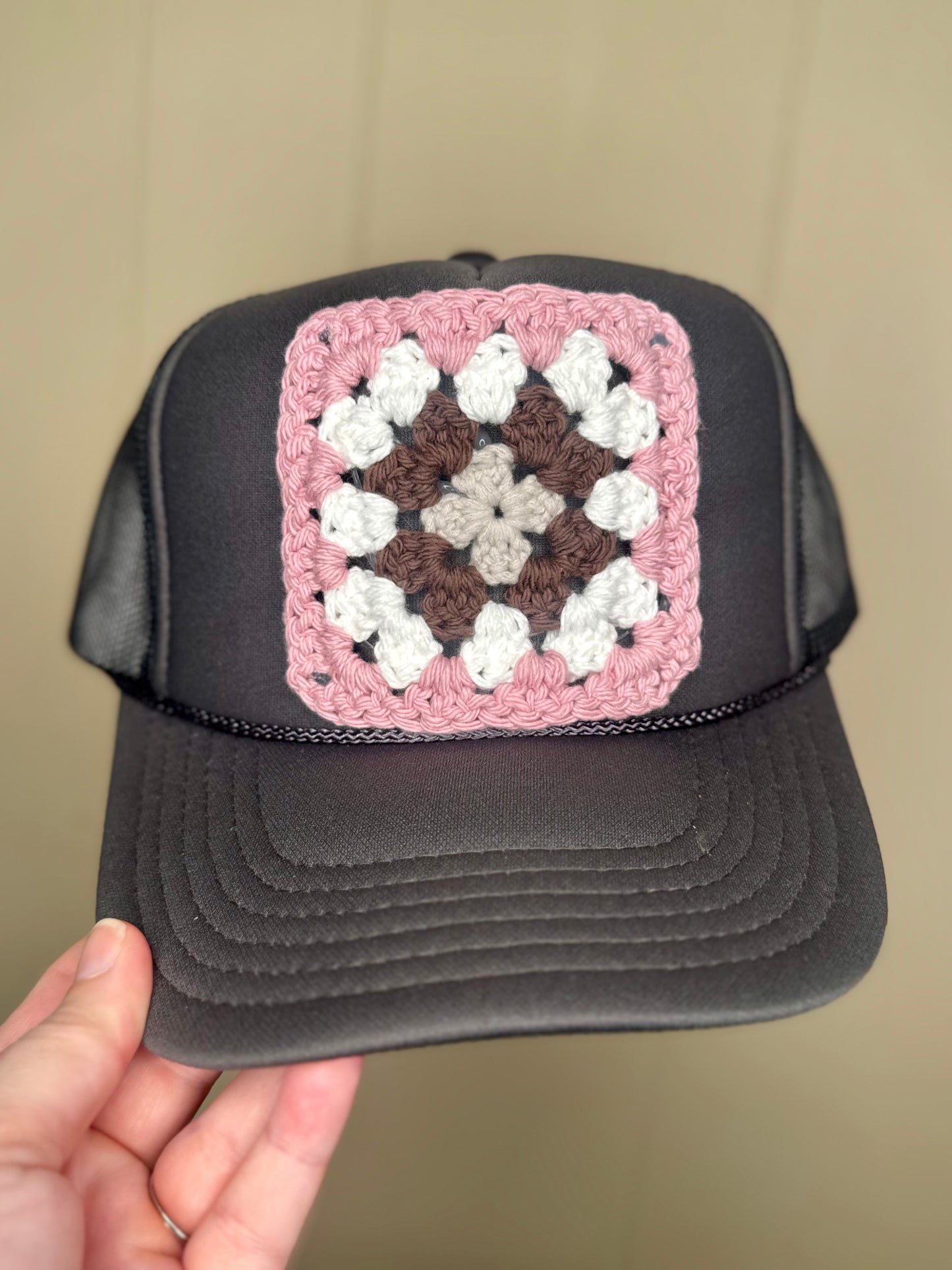 Granny Square Trucker Hat- Gunsmoke, Mauve and Brown