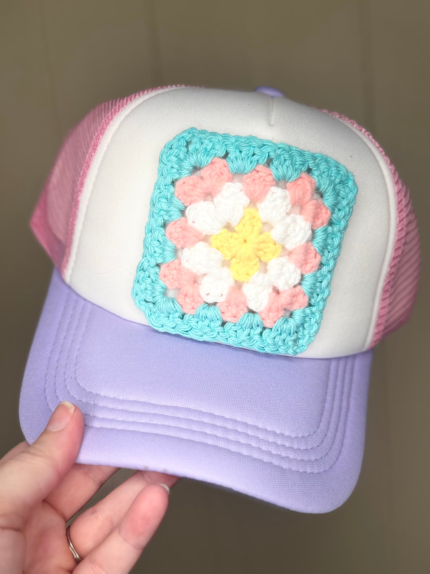 Granny Square Trucker Hat- Purple and Pink