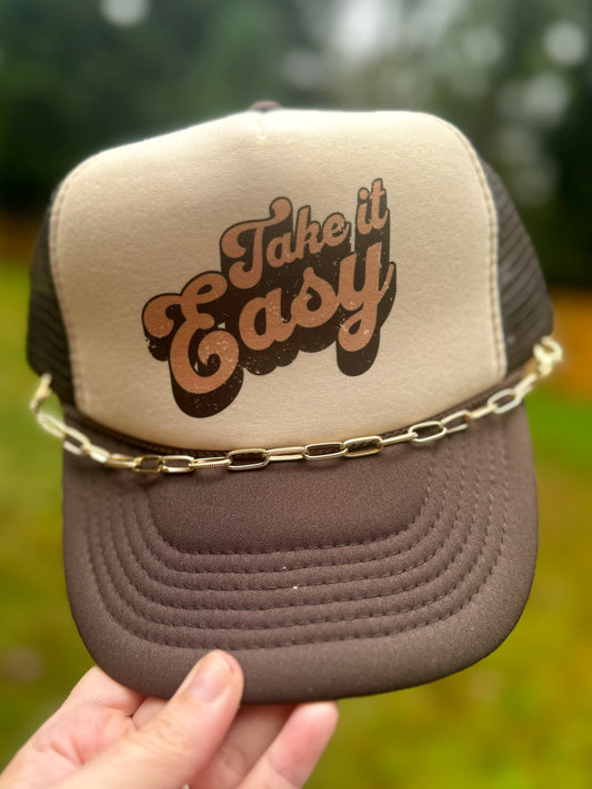 Brown Take it Easy Trucker hat with Gold Hat Chain